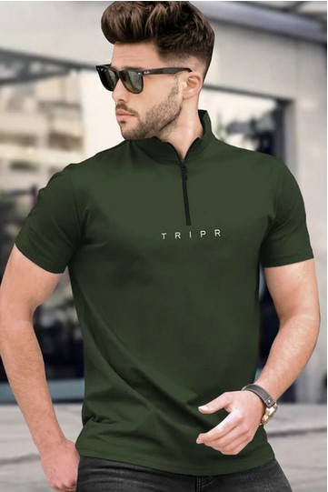 Men High Neck Zipper Half Sleeve T-shirt