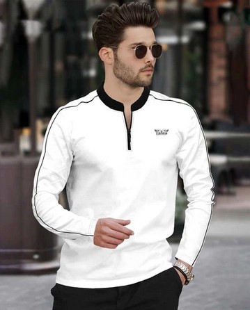 Mandarin Collar Cotton Blend Full Sleeve T-Shirt