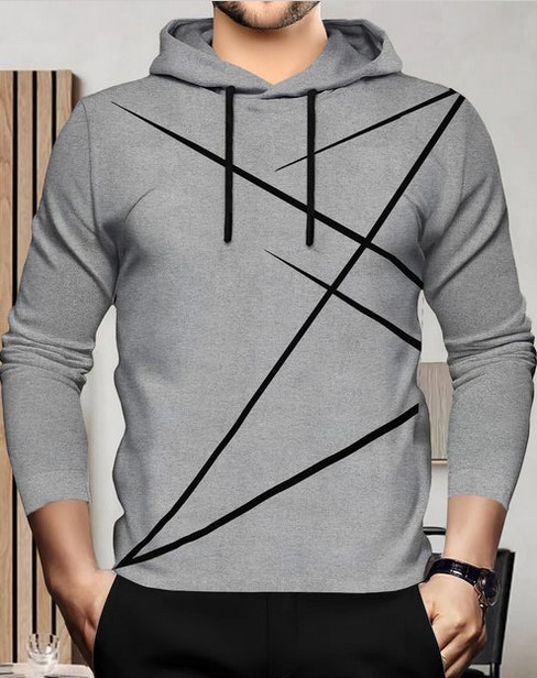 Full Sleeve Hooded Neck Printed T-shirt Grey