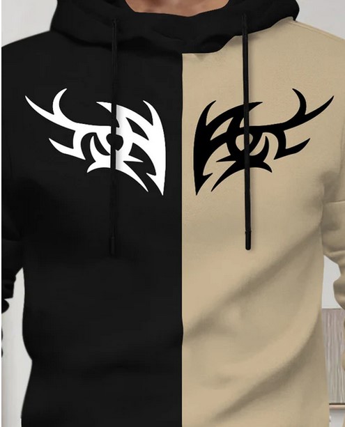 Full Sleeve Hooded Neck Dual Color Printed T-shirt Black & Beige
