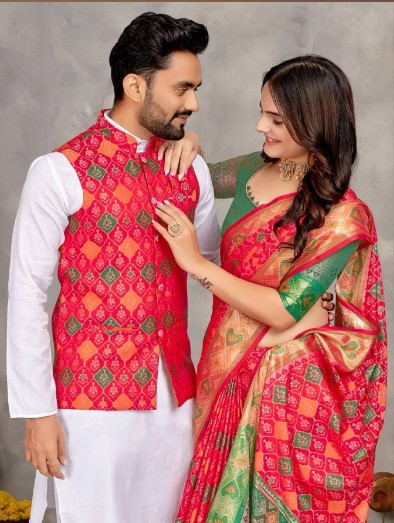 Couple Wear Kurta Pajama with Koti for Men and Matching Saree
