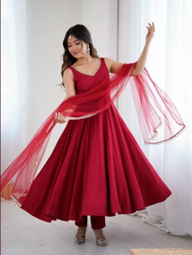 Roman silk Chanderi Anarkali Suit with Dupatta and Pant