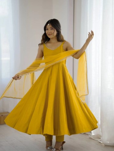 Mustard Yellow Romansilk Chanderi Anarkali Dress with Dupatta and Pant
