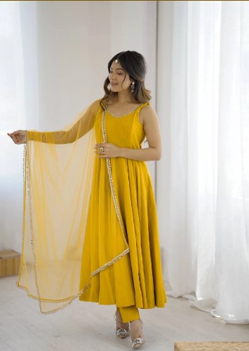Mustard Yellow Romansilk Chanderi Anarkali Dress with Dupatta and Pant