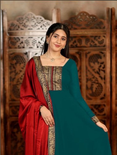 Bottle Green Vichitra Silk Suit with Jacquard Border Dupatta