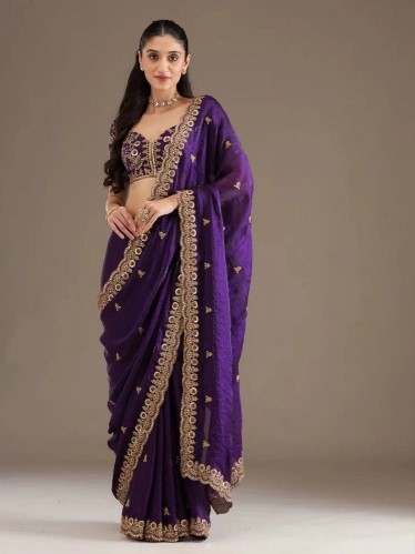 luxury purple satin saree