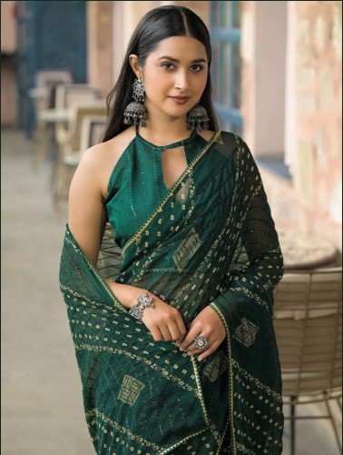 Bottle Green Heavy Georgette Silk Printed Saree