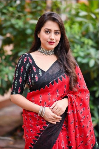 Red-Elegant Linen Cotton Printed Saree