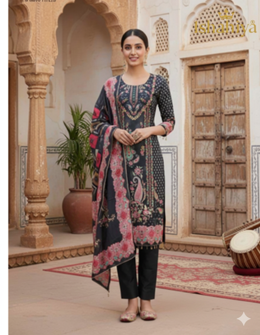 Roman Silk Kurta Pant Set with Digital Print