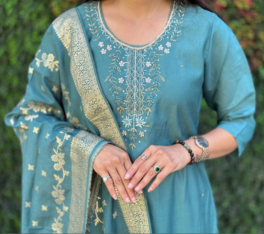 Premium Roman Silk Kurti Pant Set with Jacquard Muslin Dupatta 3 Piece