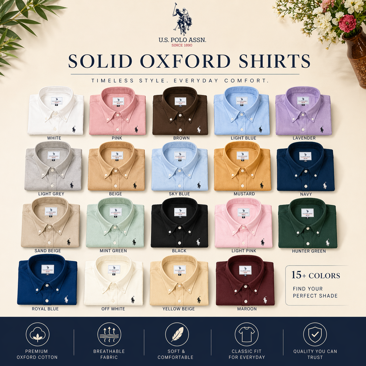 US POLO Premium Solid Oxford Shirts