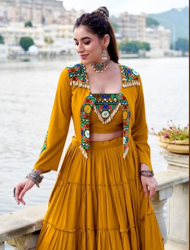 Mustard Rayon Gamthi Mirror Lehenga with 10 Meters Flair