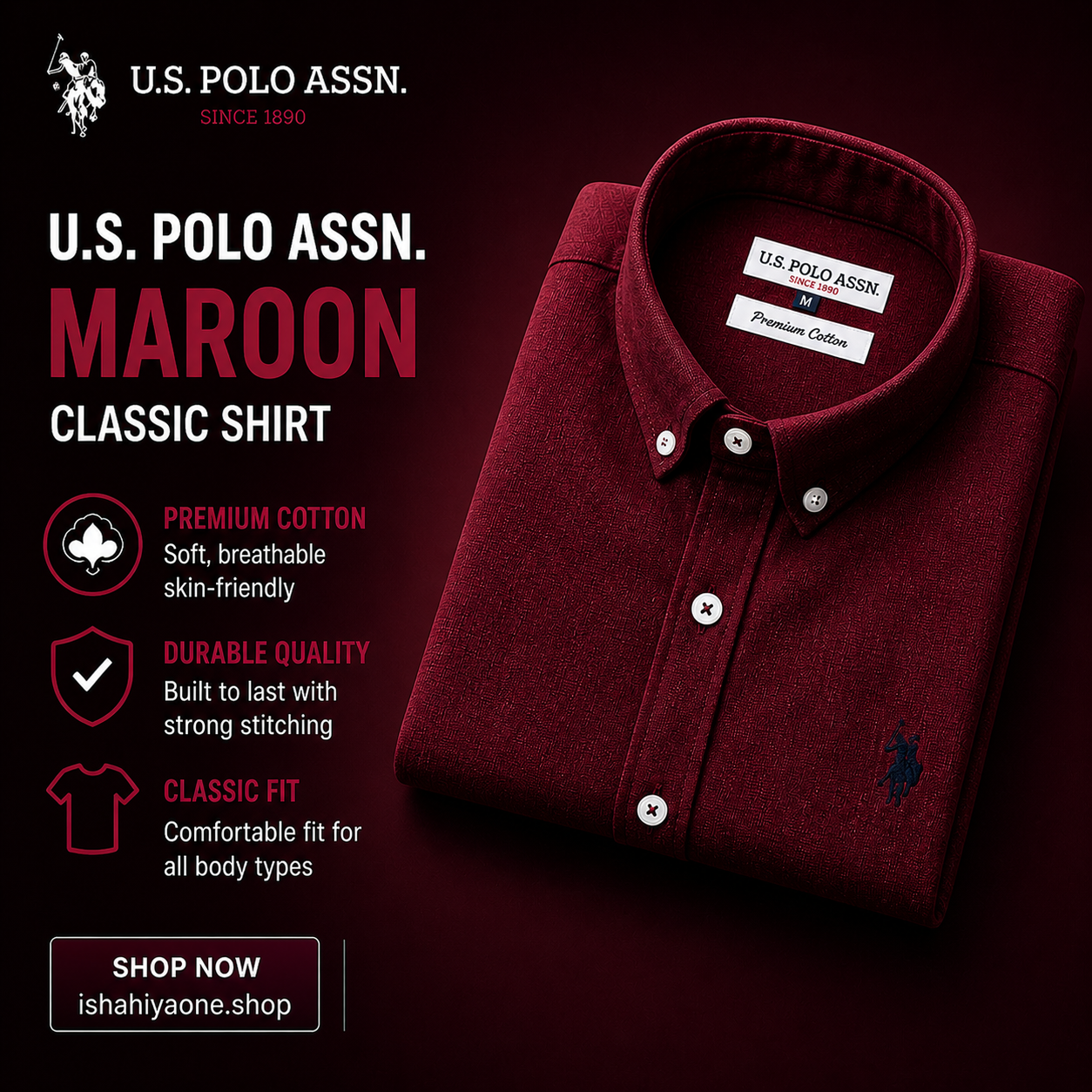 🟥 MAROON – U.S. Polo Assn. Classic Shirt – Premium  linen Cotton