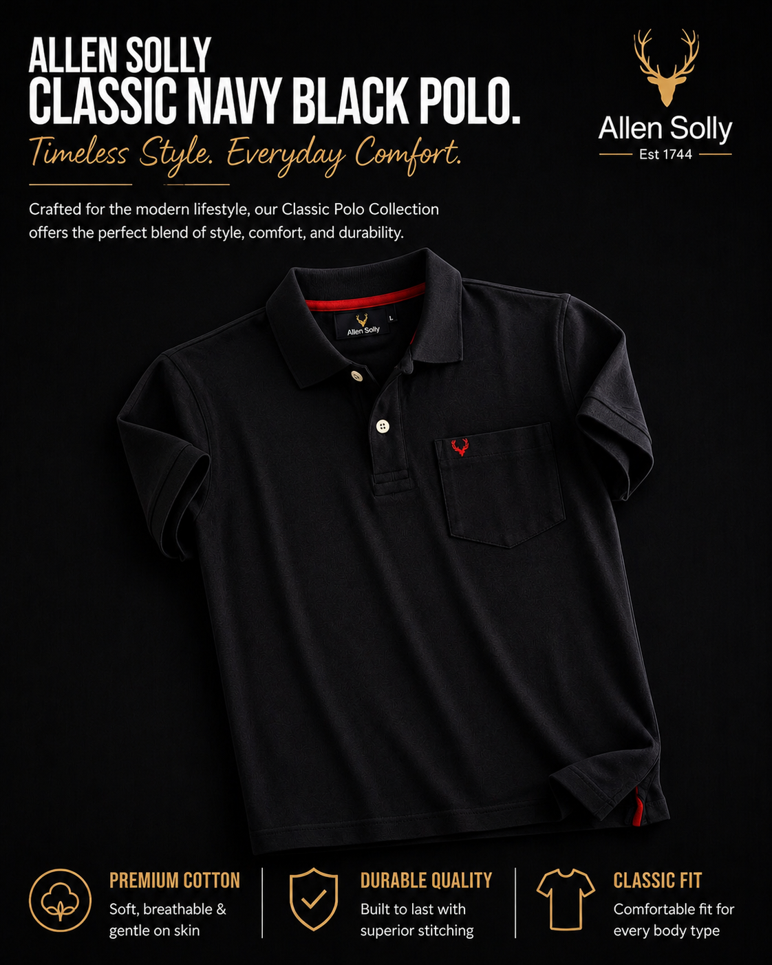 ⚫ Allen Solly Classic Black Polo – Premium Edition